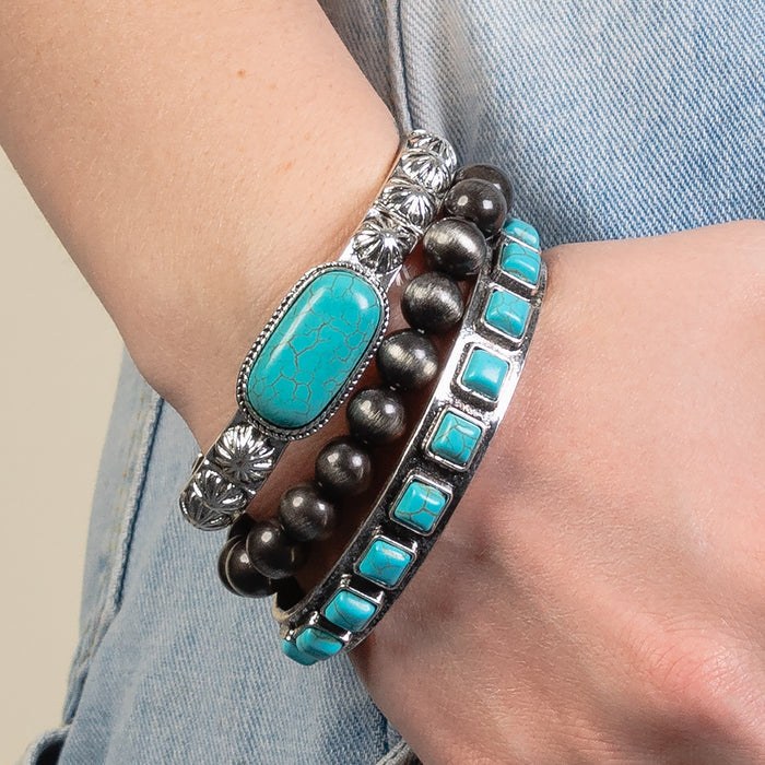 74816 - Stacked Squash Blossom Bracelets - Turquoise & Silver
