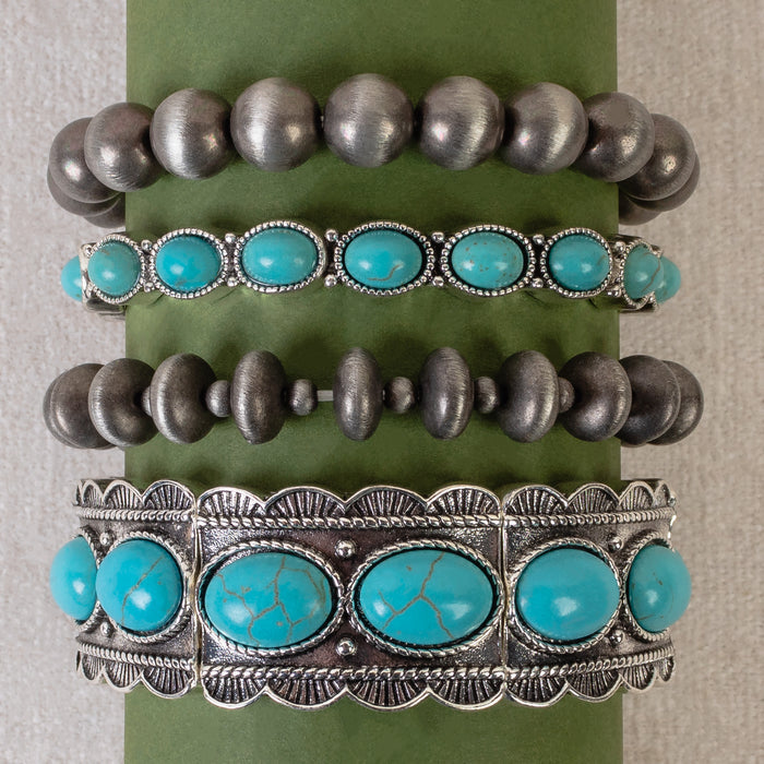 74826 - Squash Blossom Stacked Bracelets - Turquoise & Silver