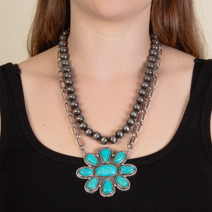 92218 - Layered Squash Blossom Necklace - Turquoise & Silver