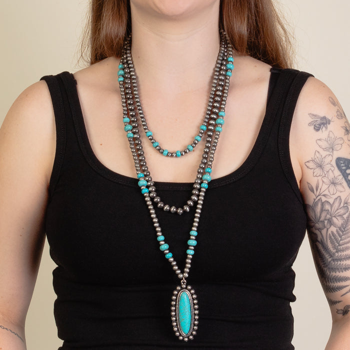 92224 - Layered Squash Blossom Necklace - Turquoise & Silver