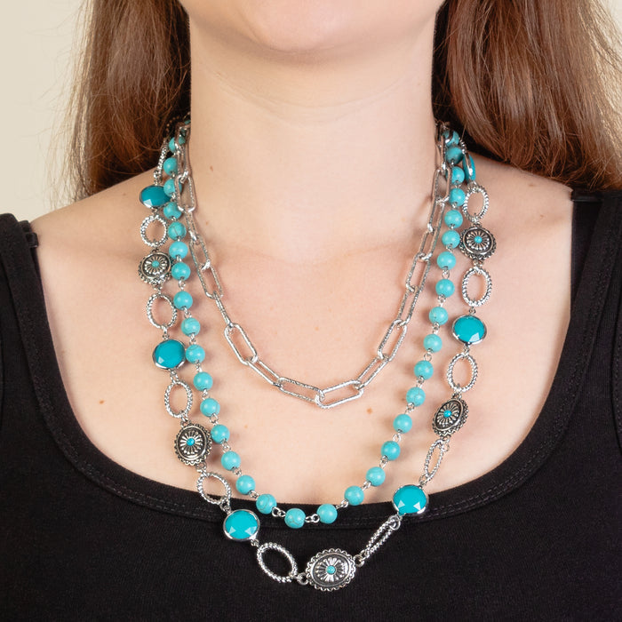 92226 - Layered Squash Blossom Necklace - Turquoise & Silver