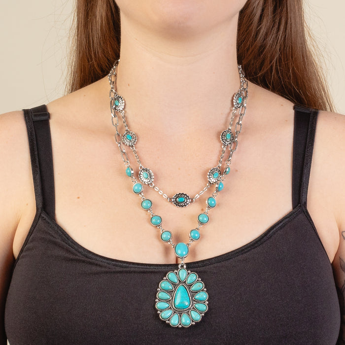 92232 - Layered Squash Blossom Necklace - Turquoise & Silver