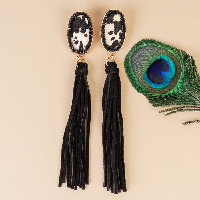 93069 - Animal Print Tassel Earrings - Black