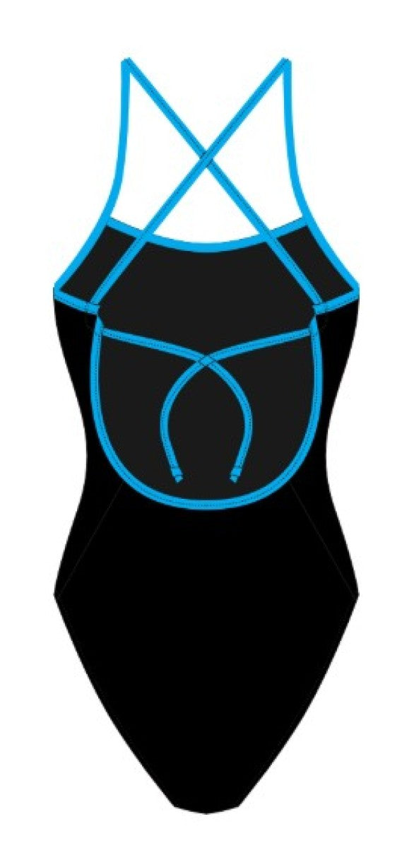 AK Womens AK Tieback swimsuit in Nero and Laguna colors, featuring a stylish tieback design and sleek fabric.