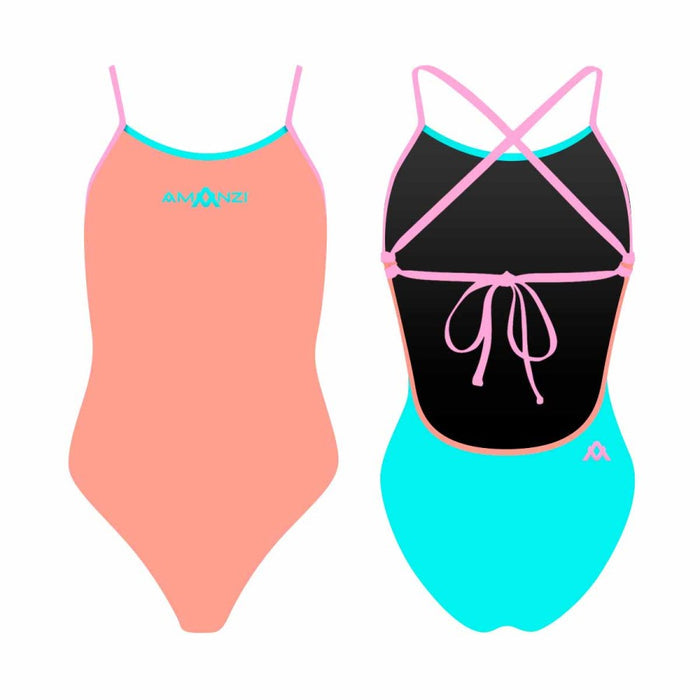 Amani girls' Pastella tie-back one-piece swimsuit in orange and blue, featuring a stylish design with a tie-back detail.