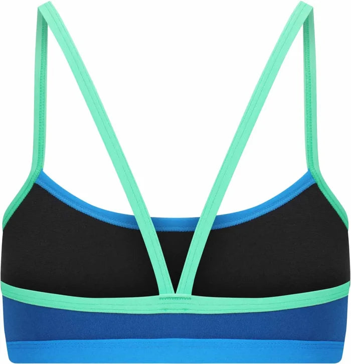 Amani girls' blue Seaglass bikini top with adjustable straps, made of comfortable swim fabric, perfect for beachwear.