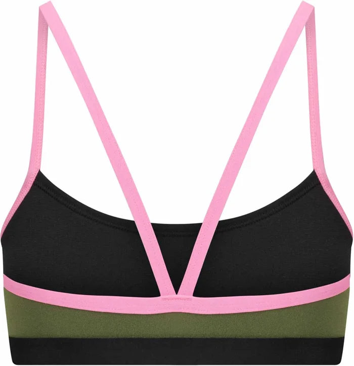 Amani women's desert blush bikini top in green and pink, featuring a stylish tankini design for a trendy beach look.