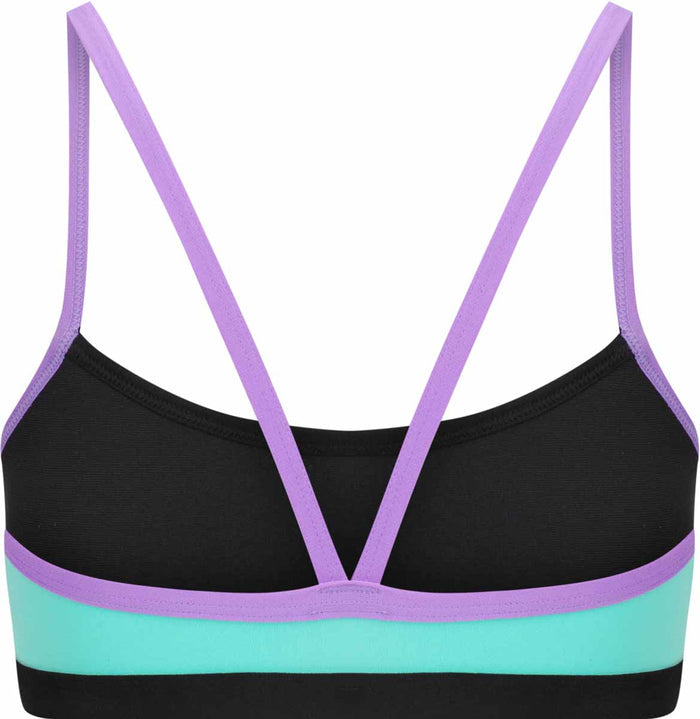 Amani Womens Lagoona Bikini Top in blue and purple, vibrant tankini style with supportive straps and colorful pattern.