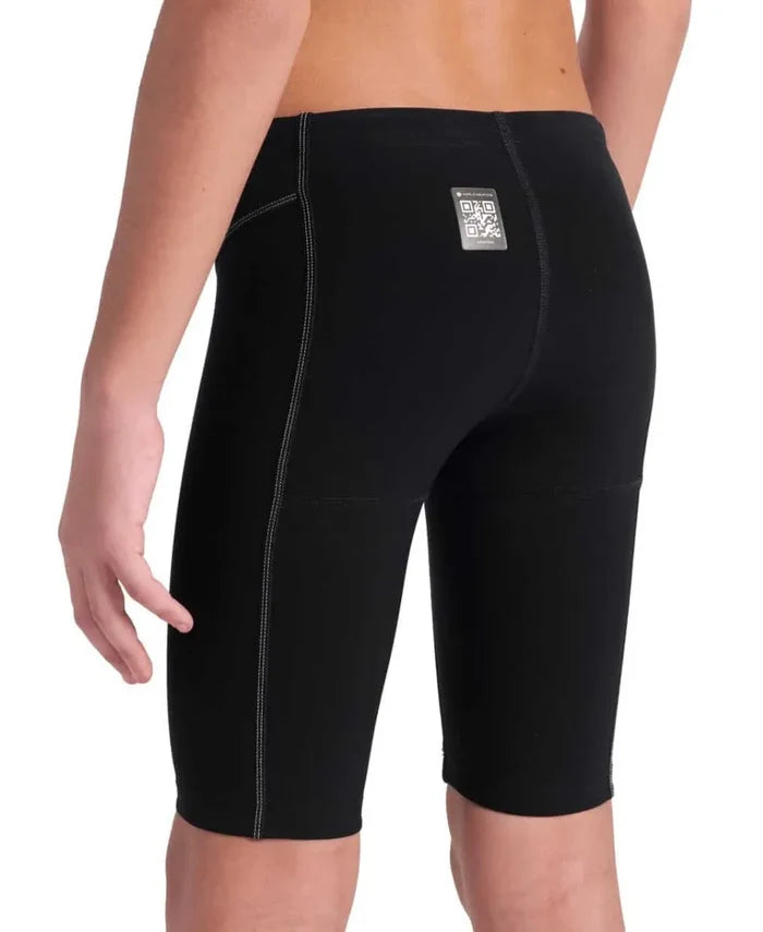 Arena Boys Powerskin Impulso Jammer in black and teal, featuring a sleek swim jammer design for young swimmers.