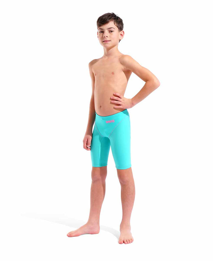 Arena Boys Powerskin Impulso Limited Edition pink jammers for swimming, featuring a sleek water/shocking pink design.