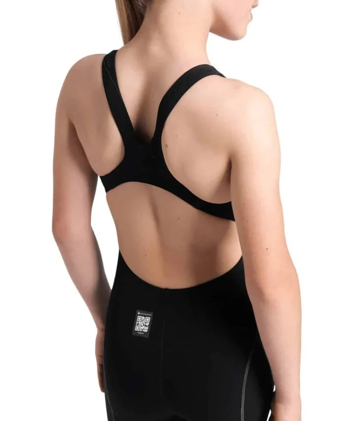 Arena Girls Powerskin Impulso kneesuit in black and teal, featuring sleek design and performance fabric for competitive swimming.