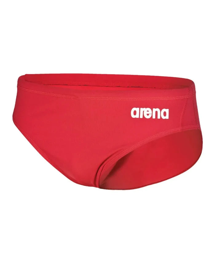Arena men's team swim solid briefs showing a snug fit, with the classic design and logo on the front, ideal for competitive swimming.