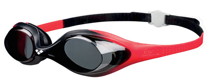 Arena Spider Jr red goggles with adjustable straps and clear lenses designed for young swimmers.