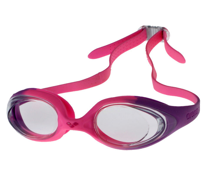 Arena Spider Junior Goggle in blue and pink, featuring adjustable straps and clear lenses for young swimmers.