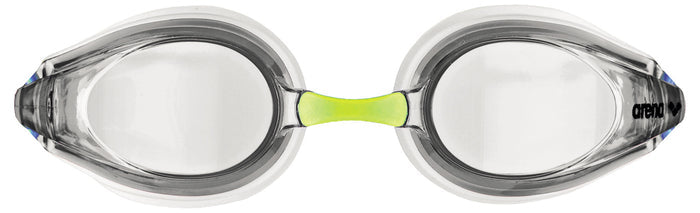 Blue Arena Tracks swimming goggles with adjustable straps and clear lenses, designed for comfortable fit and optimal vision.