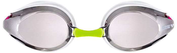 Arena Tracks Junior Mirror goggles in white with reflective lenses, designed for young swimmers.