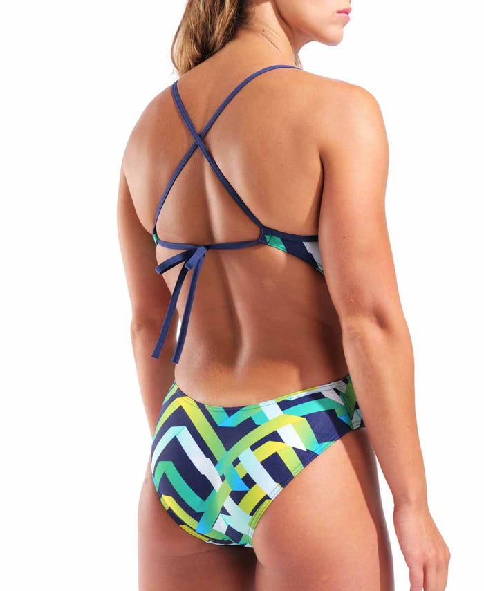 Arena women's textured tie-back swimsuit in multi and navy, featuring a stylish design and secure tie-back closure.