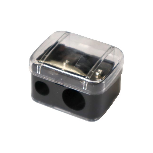 A dual sharpener for eyebrow pencils, featuring two sharpening holes and a transparent plastic cap to collect shavings.