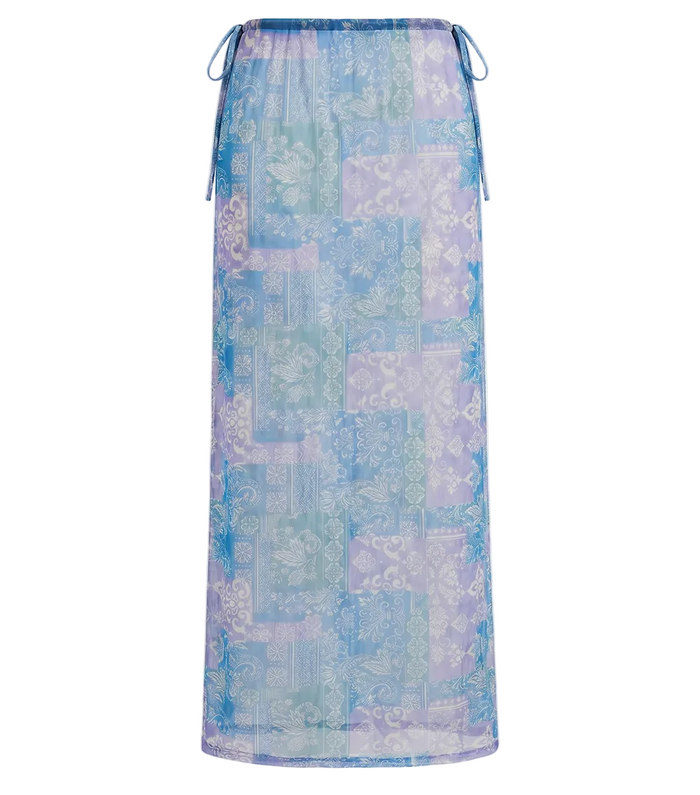 paisley Long, light blue and purple patterned skirt on a white background