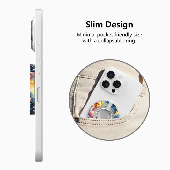Cosmic Daydream celestial MagSafe phone grip ring with watercolor illustration of a personified sun, crescent moon, and stars in a dreamlike landscape compatible with iPhone and Samsung