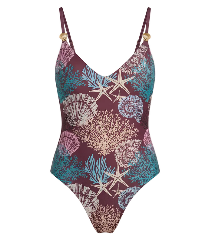 burgundy corals One-piece swimsuit with a marine pattern on a white background
