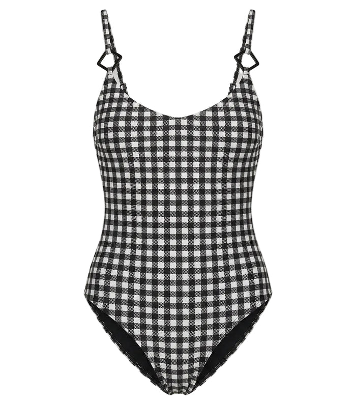 gingham emoji Black and white checkered swimsuit on a white background