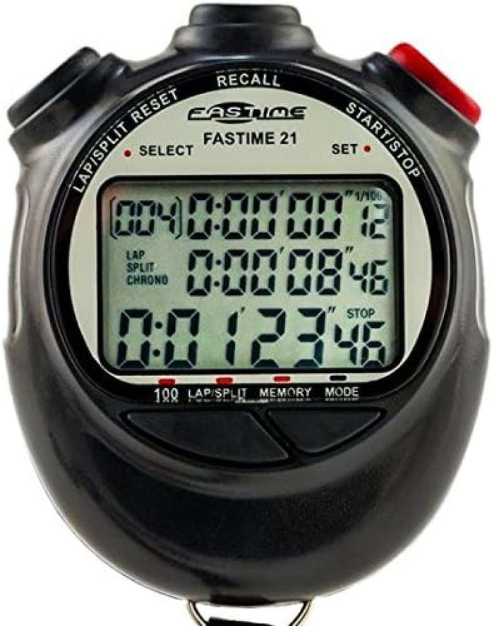 Black Fastime 21 stopwatch showing digital display and buttons, designed for precise timing and sports use.
