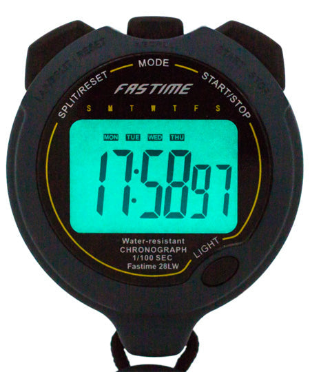 Black Fastime 28LW stopwatch showing digital display and control buttons for precise timing.