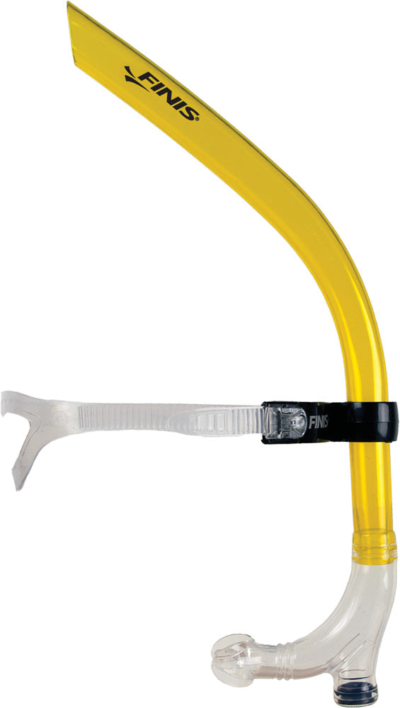Yellow Finis Swimmers Snorkel with adjustable design and comfortable mouthpiece for snorkeling and swim training.