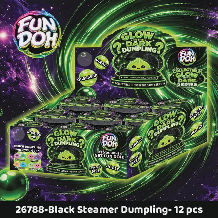 Box of glow-in-the-dark dumplings with black baskets.