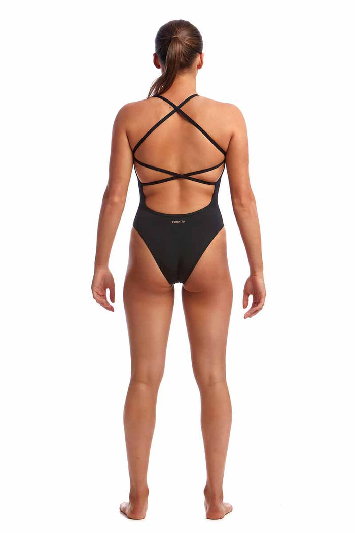 Funkita ladies Bronzed Strapped In one-piece swimsuit in black and bronze with stylish straps, designed for swimming and active wear.