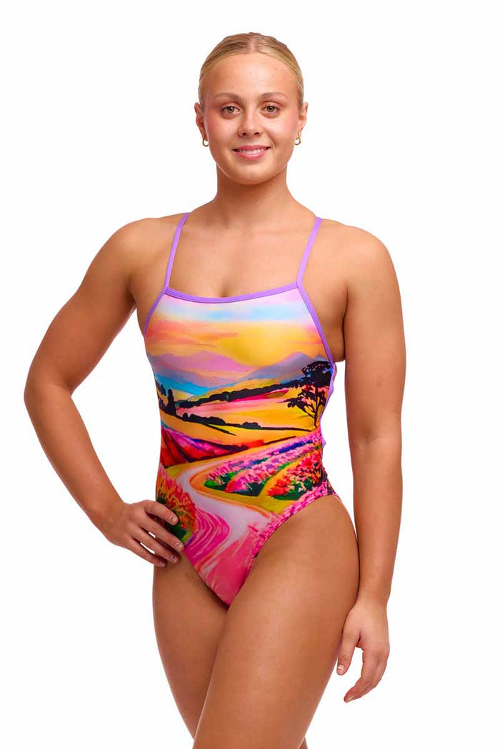 Funkita Ladies Meadow Made Strapped In One Piece Swimsuit in multi-color with strap details, designed for women's swimming.