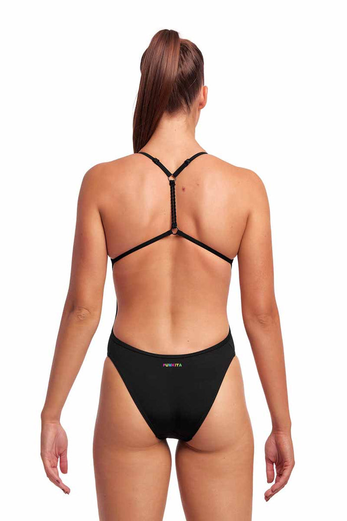 Funkita Ladies Still Black Twisted One Piece Swimsuit, black swimwear with twisted design, featuring a sleek fit and supportive straps.