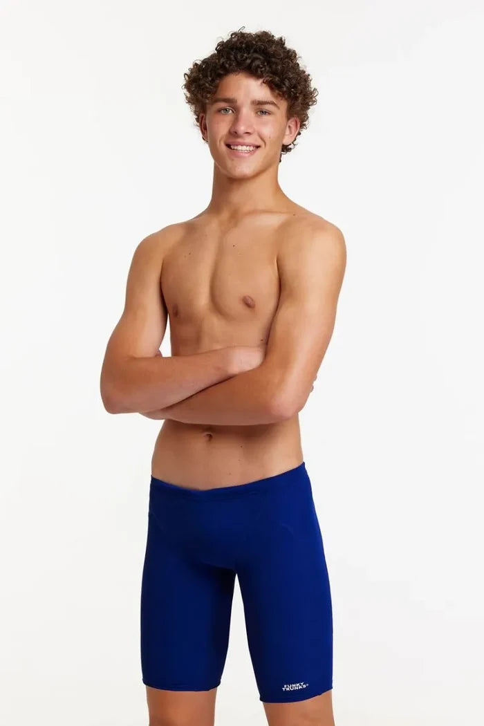 Funky Trunks boys' navy Still Ocean training jammers, sleek swimwear designed for athletic swimming and training.