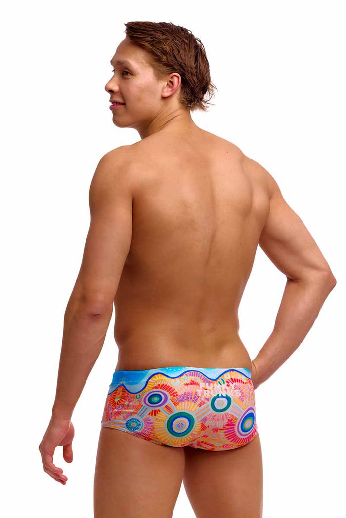 Funky Trunks men's Kulin Colour Sidewinder trunks in vibrant multi-color design, featuring a snug fit and bold pattern.