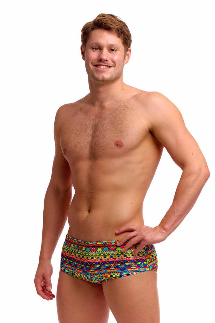 Funky Trunks men's Packed Up Sidewinder trunks in multicolor with vibrant patterns, designed for swimwear and beachwear.
