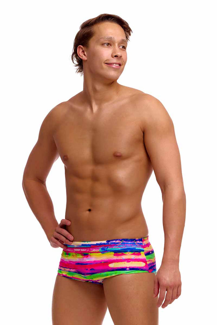 Funky Trunks men's paint patch Sidewinder trunks in vibrant multi-color design with bold patch details.