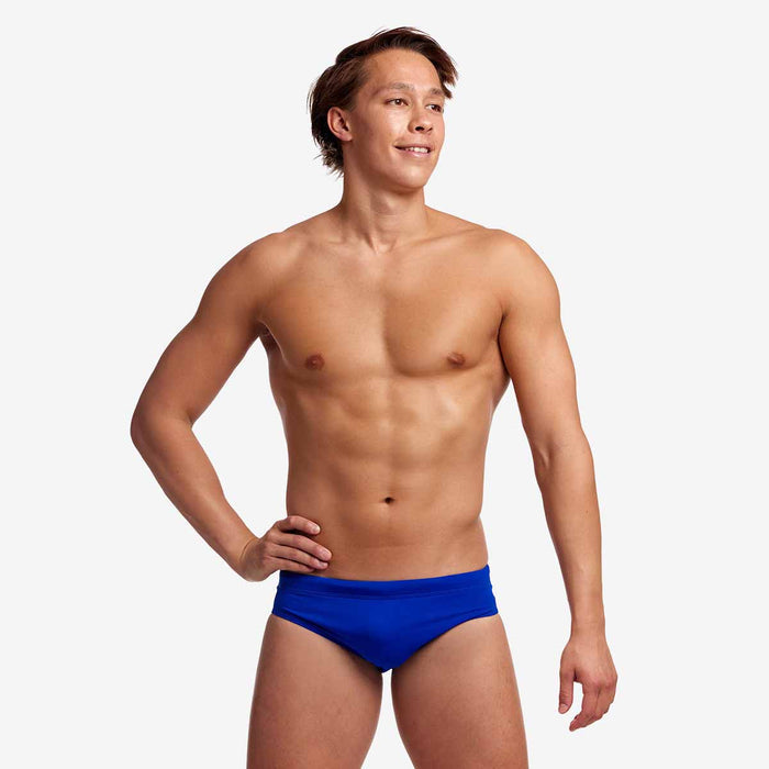 Funky Trunks men's Still Speed Classic Brief in royal blue, showcasing sleek design and comfortable fit.
