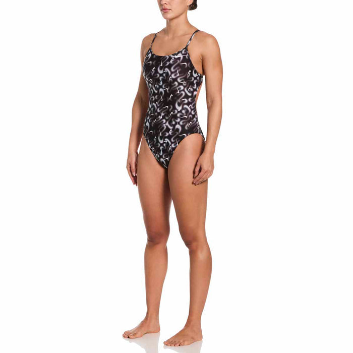 Nike Hydrastrong Sprayfetti print black one-piece swimsuit with cutout design, ideal for swimming and beachwear.