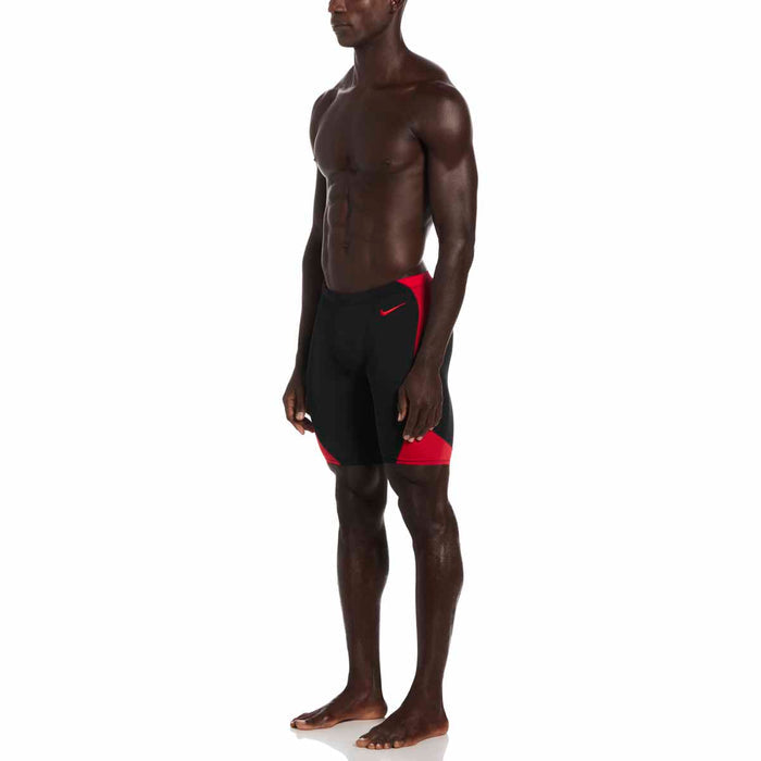 Nike Hydrastrong Team colorblock jammer in black and university red, designed for competitive swim training.