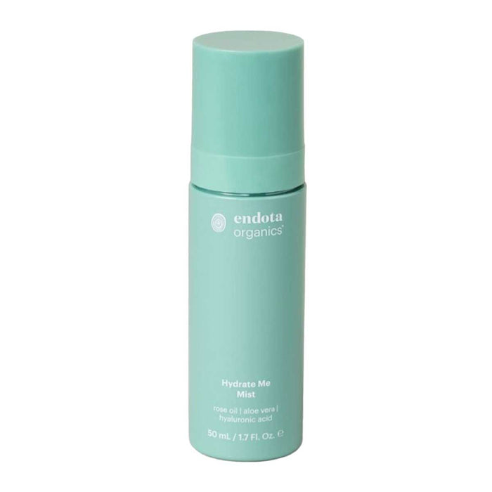 50ml Hydrate Me Mist in a pale sea green travel-friendly spray bottle. Rose oil, aloe vera & hyaluronic acid formula.
