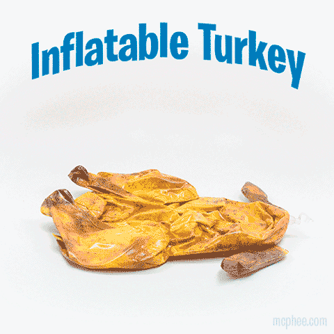 Observe how the Inflatable Turkey expands from flat to full size, creating an ideal centerpiece for your Thanksgiving table. The product name "Inflatable Turkey" floats above, adding a festive touch.