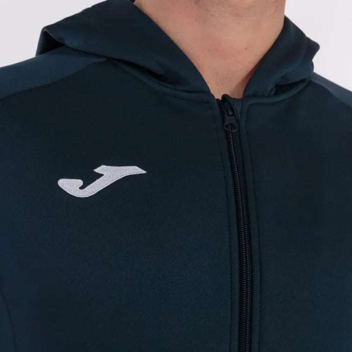 Joma Menfis hoodie jacket for men in dark navy, casual style with front pockets and a hood, made of comfortable fabric.