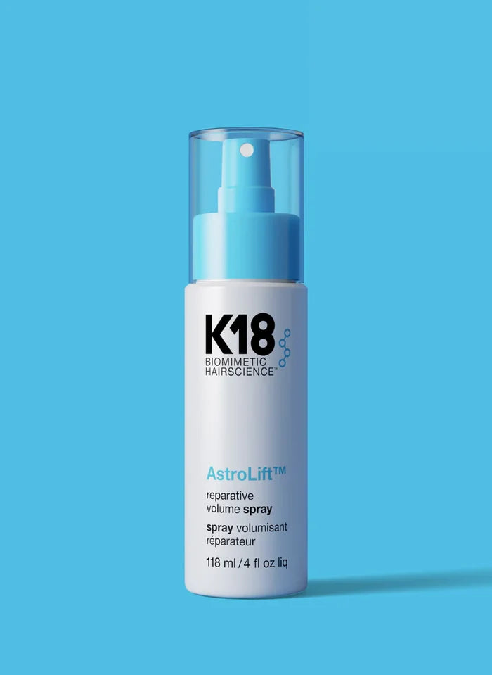 K18 AstroLift, reparative volume spray, K18 volume spray, biotech hair repair, heat-activated hair spray, K18 hair products, volumizing spray with peptide, peptide volume spray, damage repair hair spray, K18PEPTIDE spray