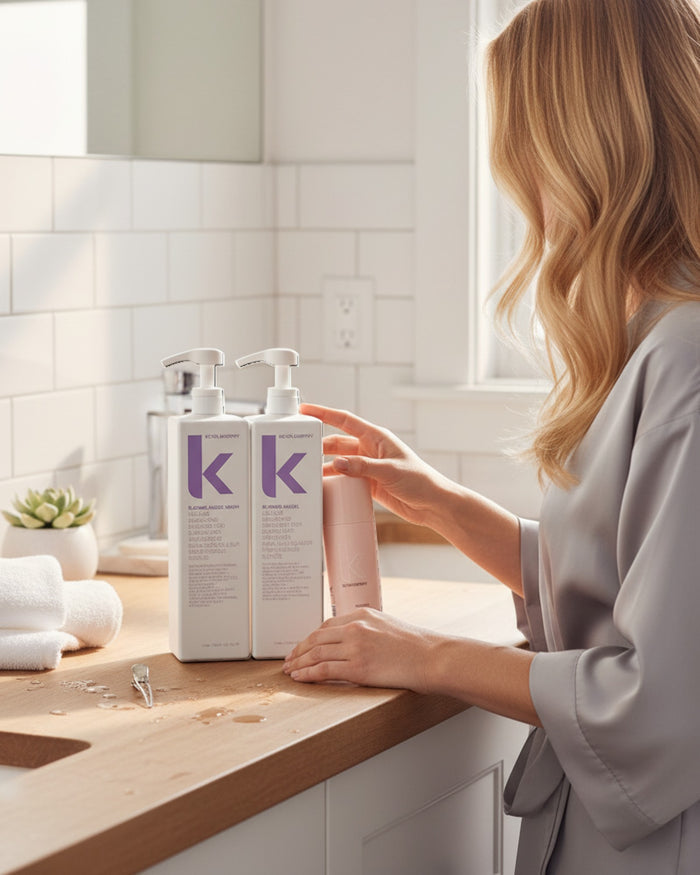 Kevin Murphy Blonde Angel Wash & Treatment litre duo in white bottles with purple K logo, plus a pink Doo.Over spray bottle. For blonde hair.