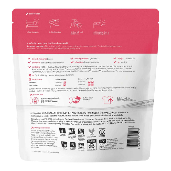 Back of ecostore laundry capsules. Plant & mineral based, biodegradable ingredients, powerful concentrated formula.