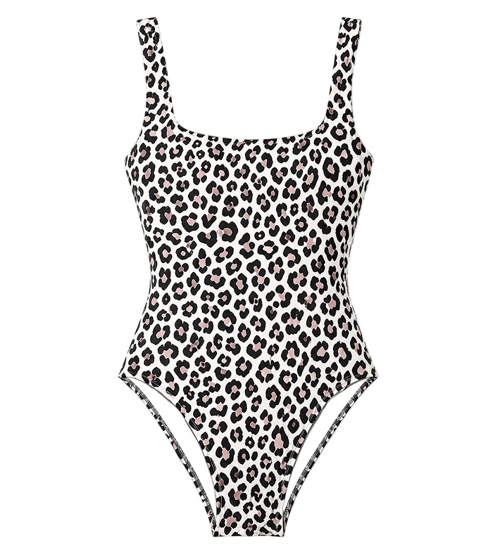 Leopard print one-piece swimsuit on a white background