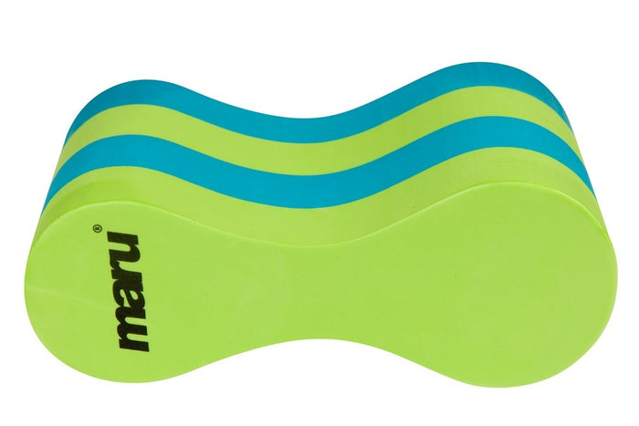 Maru Junior Pull Buoy in green and blue for swimming training, shown floating in water with a bright, colorful design.