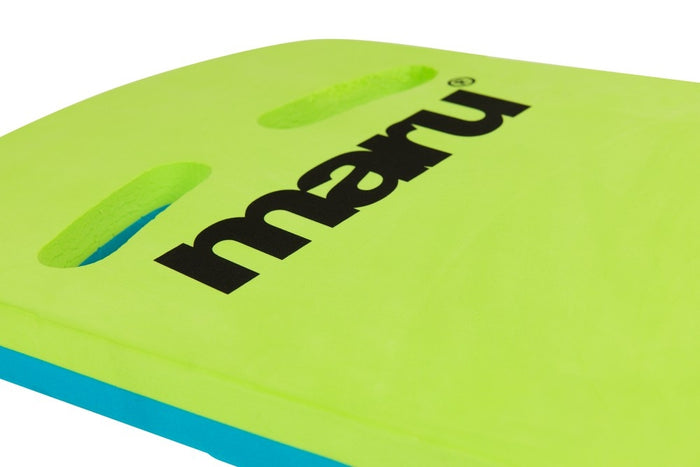 Maru Two Grip Fitness Kickboard in green and blue, designed for swimming training and water exercise, with comfortable grips.