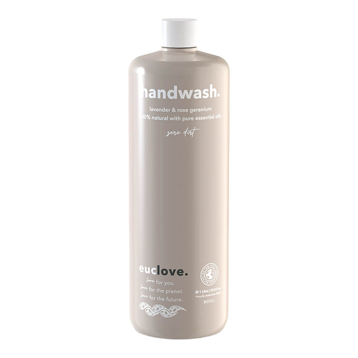 1L refill bottle of Euclove Natural Hand Wash in Lavender & Rose Geranium scent.